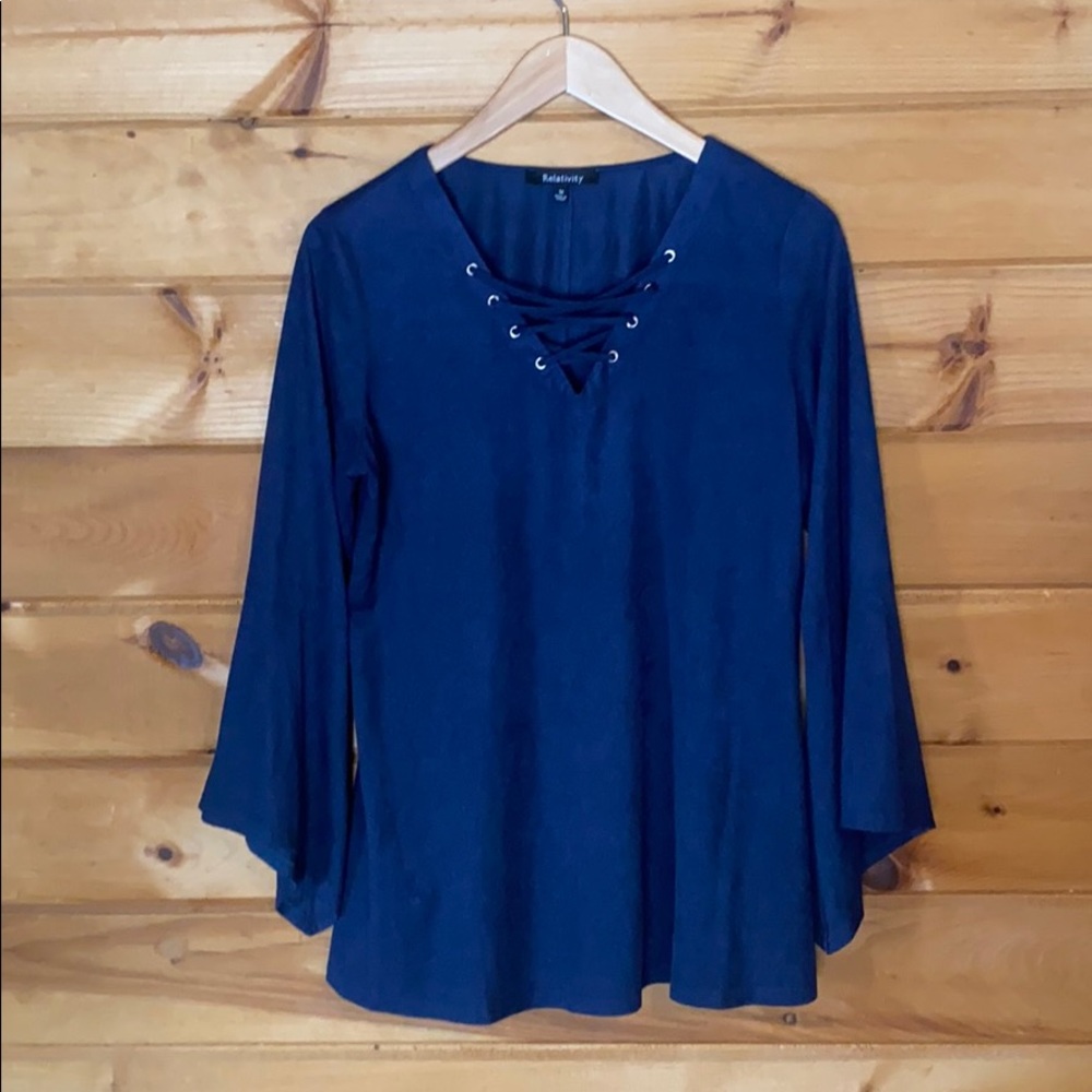 Navy suede lace up bell sleeve top